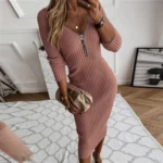 kf-S37c48d1e9ebe43708c1f116eea8c8e2aS-Women-Slim-Zipper-V-Neck-Sweaters-Long-Dresses-Casual-Solid-Color-Long-Sleeve-Bodycon-Dress-Rib